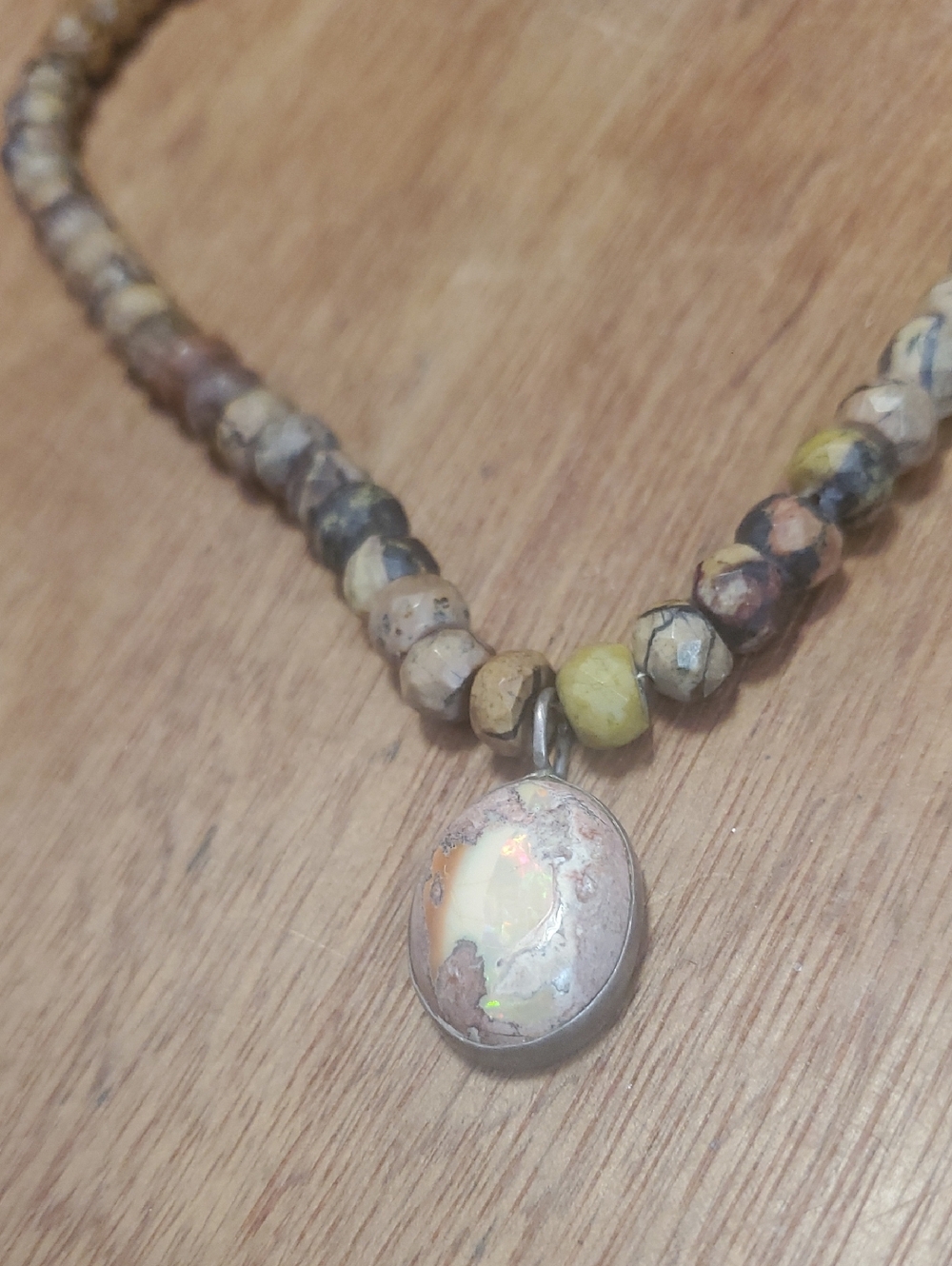 Beaded Opal Pendant Necklace in Neutral Tones - D